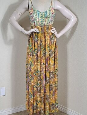 Raga Peacock Print Embroidered Maxi Dress Boho Spaghetti Strap Small